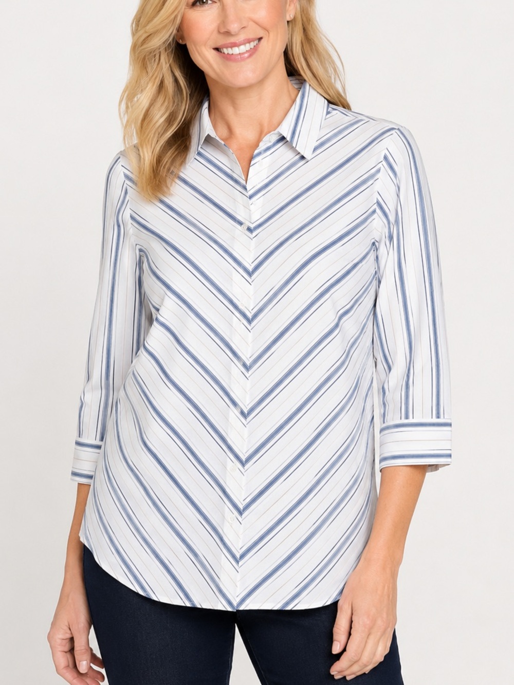 Chico’s 0 Blue White Stripe No Iron Stain Shield Button Front Shirt 3/4 Sleeve S